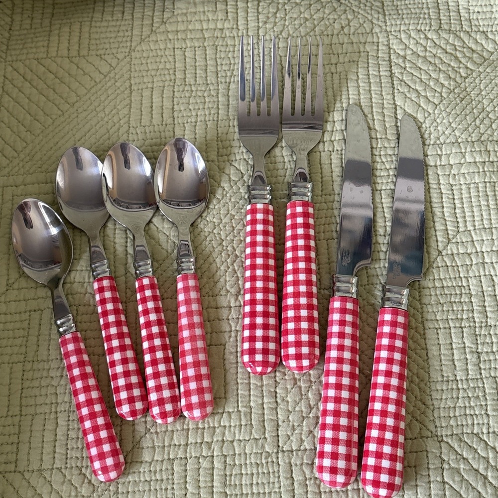 Red White Gingham Check Flatware Lot If 8 Stainless Picnic Farmhouse Cottagecore